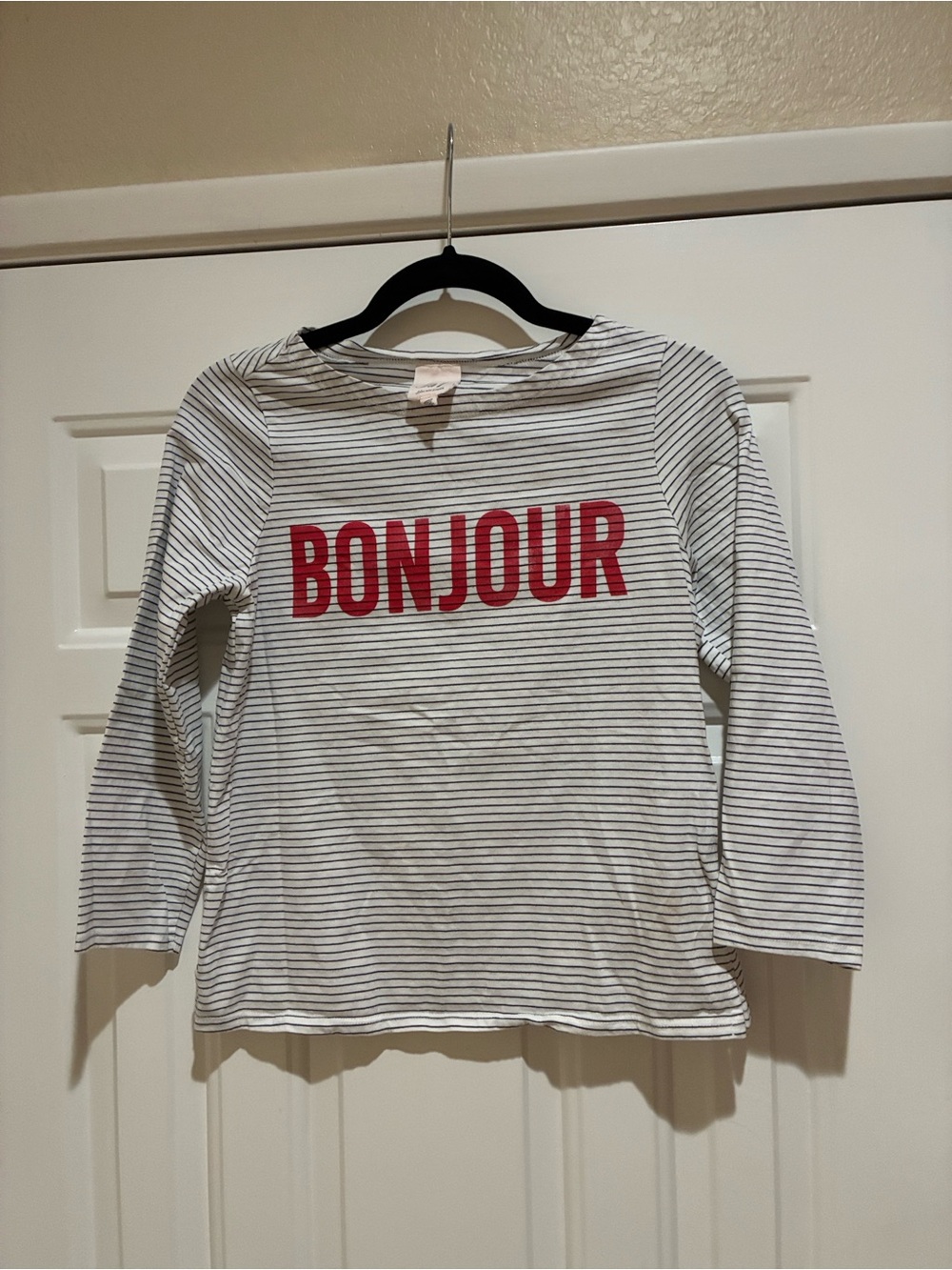 Cinq a Sept Striped Long-Sleeve Top with "BONJOUR" Print - White & Red